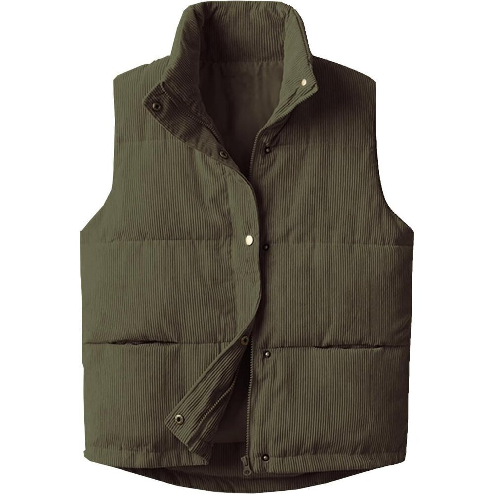 Women's Corduroy Puffer Vest Sleeveless Stand Collar Zip Button Warm Waistcoat